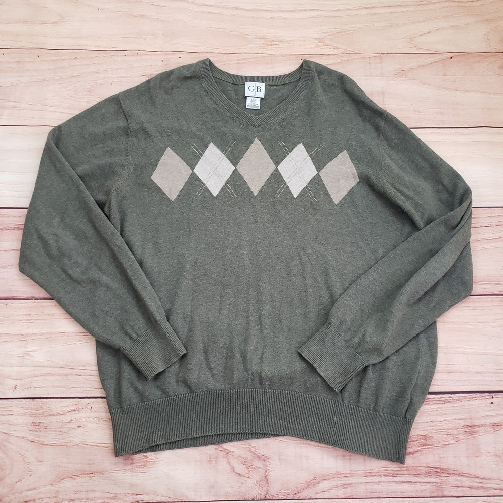 Geoffrey Beene Sweater Mens Large‎ Olive Green V-Neck Cotton Preppy Argyle